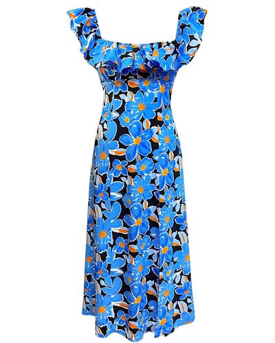 Lavaand The Francesca Frill Neck Midi Dress In Blue Floral