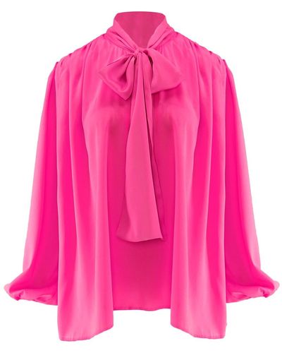 BLUZAT Pink Blouse With Draped Shoulders & Bow Ribbon