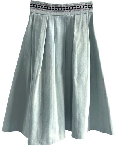 L2R THE LABEL Embroidered Full Midi Skirt In Washed Denim - Blue