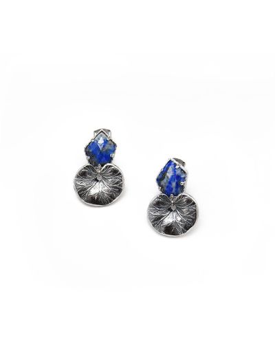 ADIBA Rhodium Lapis Lazuli Gemstone Lotus Handmade Earring - Blue