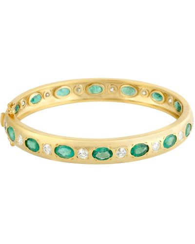 Artisan 10k Gold With Bezel Set Natural White Diamond & Oval Emerald Antique Bangle - Metallic