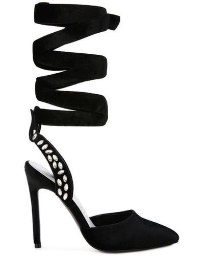 Rag & Co Wallis Velvet Diamante Tie Up High Heeled Sandals - Black