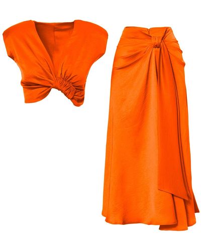 BLUZAT Orange Set With Knotted Top And Midi Skirt