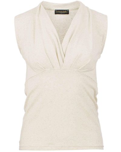 Conquista Neutrals Chic Faux Wrap Sleeveless Top In Linen Blend - White