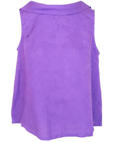 Haris Cotton Boat Neckline Sleeveless Linen Top With Deep V Back - Purple