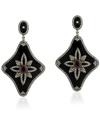 Artisan Ruby & Diamond Pave In 18k Yellow Gold And Silver Enamel Antique Dangle Earrings - Brown