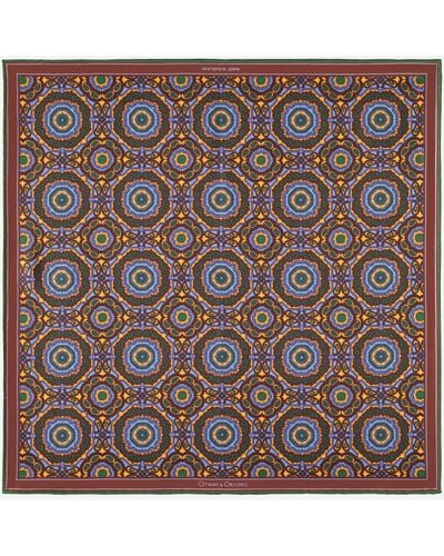 Otway & Orford 'whirligig' Medallion Silk Pocket Square In Brown, Gold, Blue & Green. Full-size. - Multicolour
