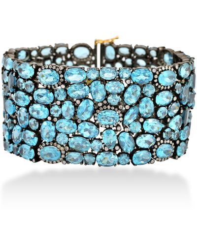 Artisan Oval Cut Apatite & Pave Diamond In 14k Solid Gold With 925 Silver Designer Bracelet - Blue