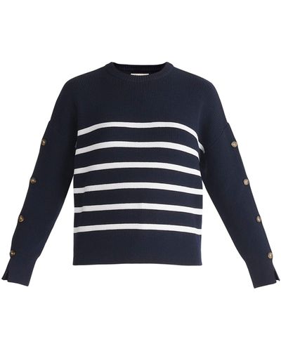 Paisie Striped Button Sweater In Navy - Blue