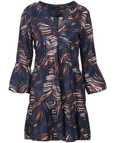 Conquista Leaf Print A Line Dress With Bell Sleeves - Blue