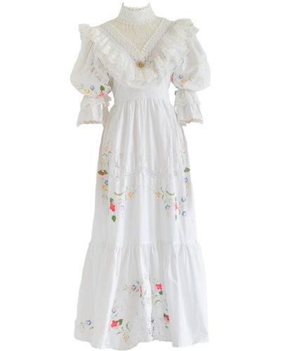 Sugar Cream Vintage Re-design Upcycled Cotton Balloon Sleeved Floral Maxi Dress - White