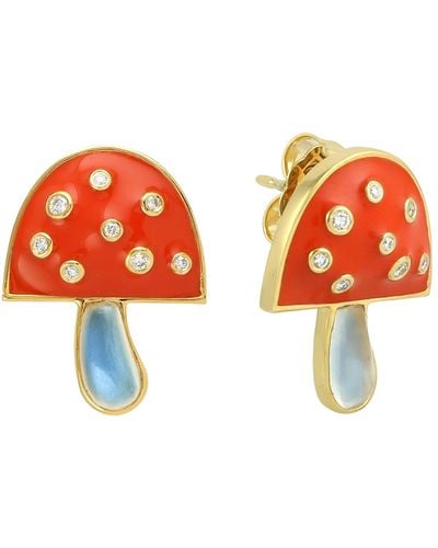 Artisan 14k Yellow Gold With Moonstone & Diamond Mushroom Earrings - Orange