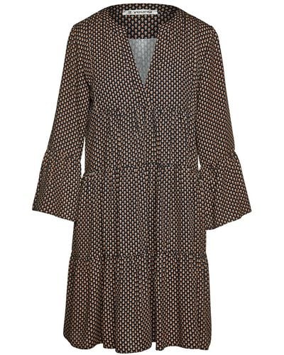 Conquista Print Gathered Seams Dress With Bell Sleeves - Brown
