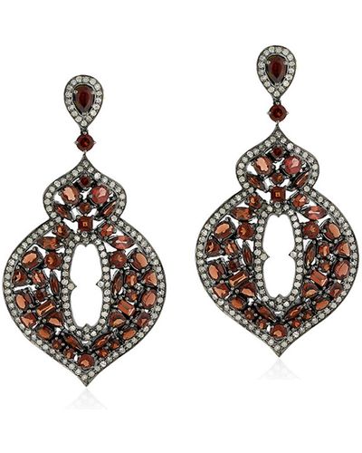 Artisan Garnet Pave Diamond Gold 925 Sterling Silver Designer Dangle Earrings Jewelry - Brown