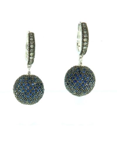 Artisan 14k White Gold With Diamond & Blue Sapphire Ball Dangle Earrings