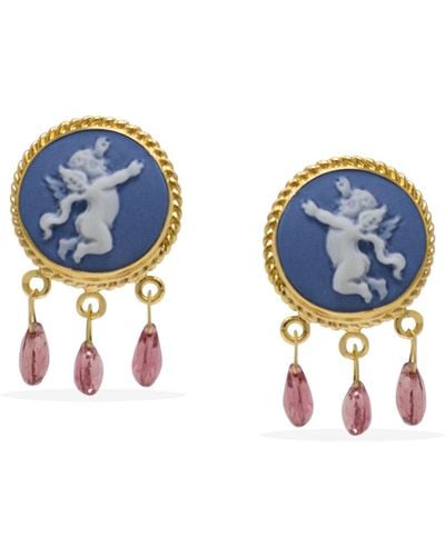 Vintouch Italy Cherubs Sky Blue Cameo And Tourmalines Earrings