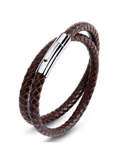 N'damus London S Leather Double Plaited Bracelet With Silver Clasp - Brown