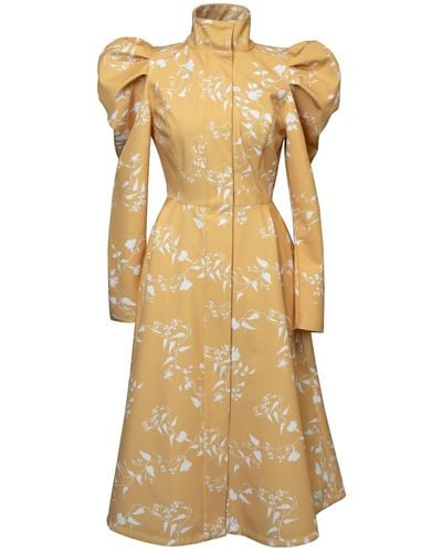 RainSisters Yellow Coat With Balloon-styled Sleeves And White Floral Print: Majestic Yellow - Metallic