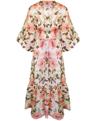 Haris Cotton Printed Voile Cotton Maxi Wrap Dress With Kimono Sleeves - Pink