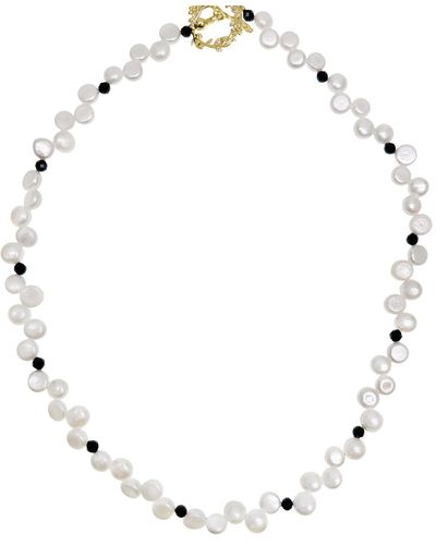 Farra Flower Petal Pearls With Black Gemstone Necklace - Metallic