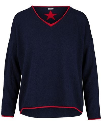 At Last Cashmere Mix Jumper In Navy With Red V-neck & Star - Blue