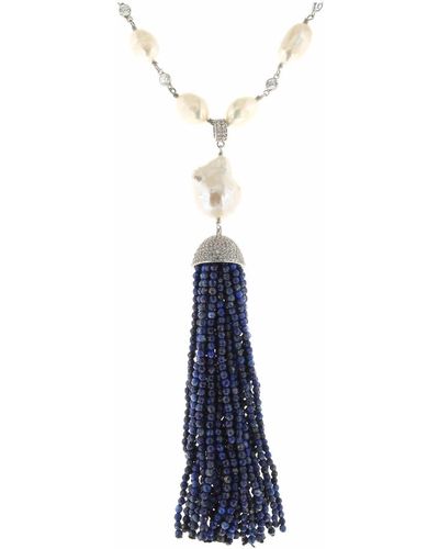 Cosanuova White Pearl & Lapis Tassel Necklace - Blue