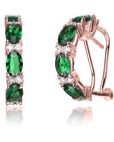 Genevive Jewelry Rose Gold Plated With Emerald & Diamond Cubic Zirconia Half Hoop Earrings In Sterling Silver - Green