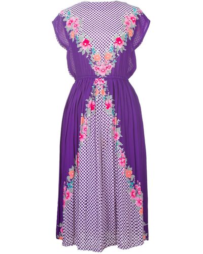 Sugar Cream Vintage Purple Check Vintage Dress With Colorful Floral Print