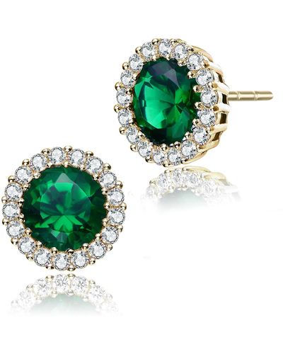 Genevive Jewelry Sterling Silver With Rhodium Plated Clear Round Cubic Zirconia With Small Clear Round Cubic Zirconia Halo Accent Stud Earrings - Green