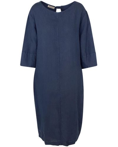 Haris Cotton Keyhole Neckline Midi Linen Dress With Three Quarter Sleeve - Blue