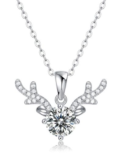 Genevive Jewelry Stella Sterling Silver Gold Plated With Lab Created Moissanite Solitaire Pave Antler Pendant Layering Necklace - Metallic