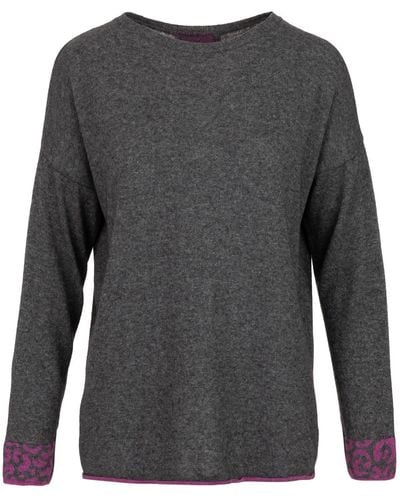 At Last Cashmere Sweater Charcoal & Hot Pink Leopard Stripe - Gray