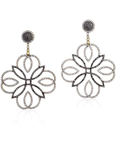 Artisan 18k Yellow Gold & 925 Sterling Silver In Pave Black With White Diamond Classic Dangle Earrings - Metallic