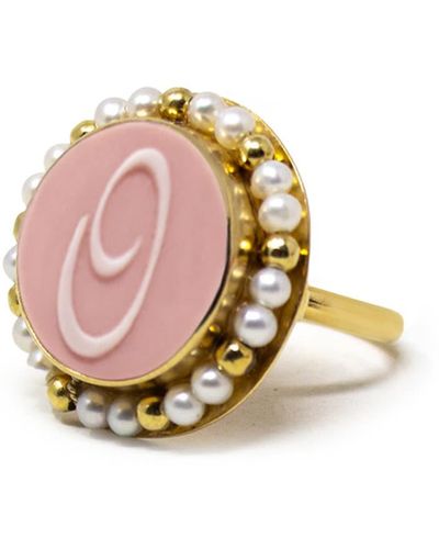 Vintouch Italy Gold Vermeil Pink Cameo Pearl Ring Initial O