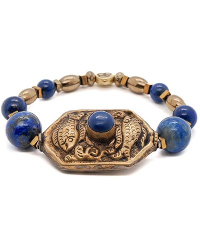 Ebru Jewelry Vintage Style Nepal Fish & Lapis Bead Lapis Lazuli Beaded Bracelet - Blue