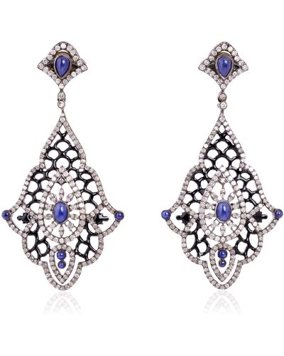 Artisan Sapphire Diamond 18k Gold Designer Dangle Earrings 925 Sterling Silver - Blue