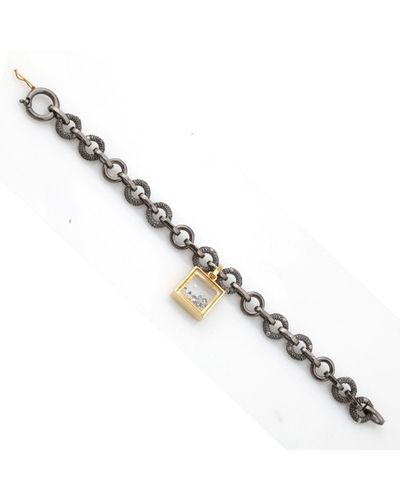 Artisan 18k Gold & 925 Silver With Diamond Link Chain Fixed & Flexible Bracelet - Metallic
