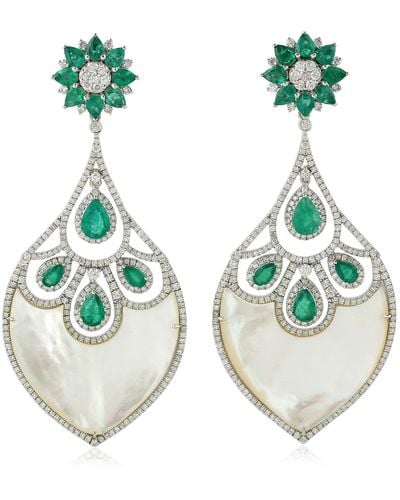 Artisan Gold Natural Emerald Mother Of Pearl Dangle Earrings Handmade - Green
