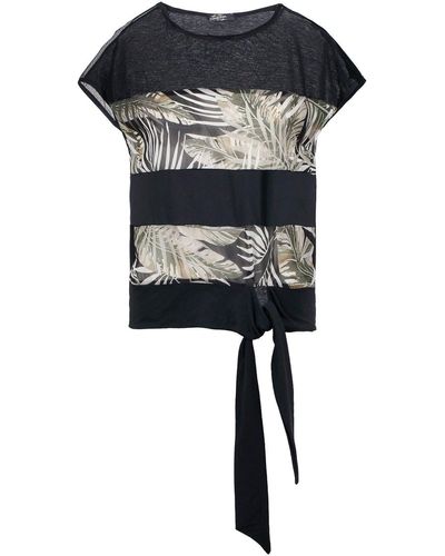 Conquista Leaf Print Top With Ties - Black
