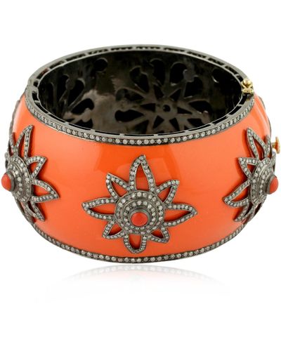 Artisan 18k Gold 925 Silver & Diamond In Coral Floral Design Enamel Bangle Bracelet - Orange