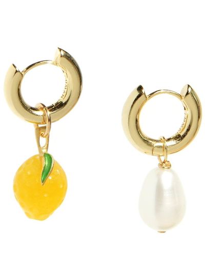 I'MMANY LONDON Organic Fruit & Pearl Asymmetrical Hoop Earrings, 18k Gold Vermeil, Jade Lemon - Metallic