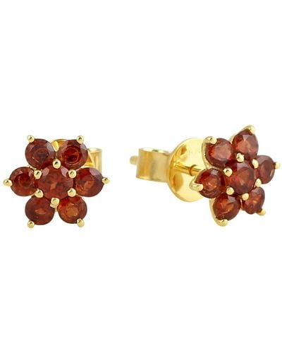 Artisan 10k Yellow Gold In Prong Garnet Gemstone Seven Stone Flower Stud Earrings - Orange