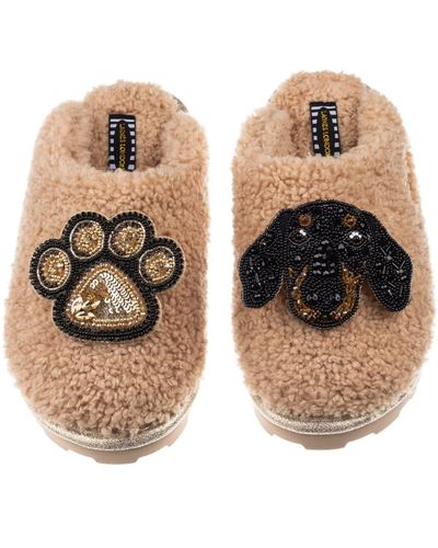 Laines London Teddy Towelling Closed Toe Slippers With Little Sausage & Paw Brooch - Metallic