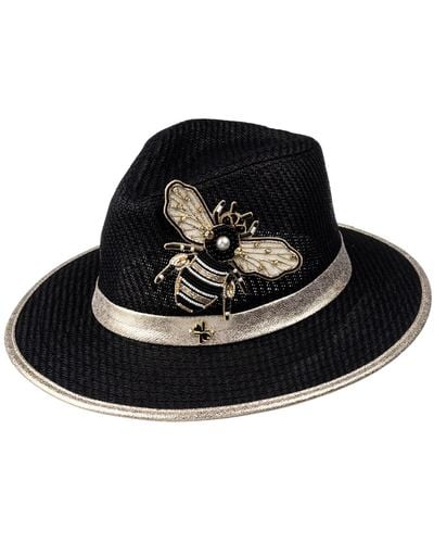 Laines London Straw Woven Hat With Embellished Cream & Gold Bee Brooch - Black