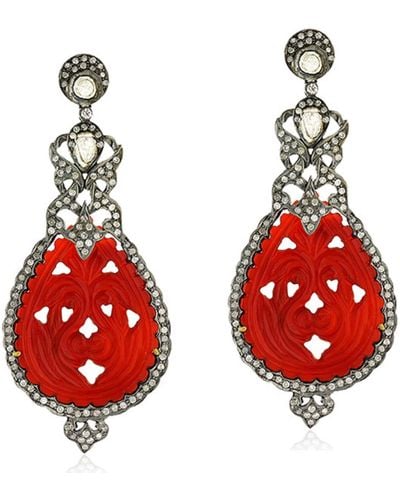 Artisan Carved Agate 18k Gold Diamond Sterling Silver Dangle Earrings Jewelry - Red
