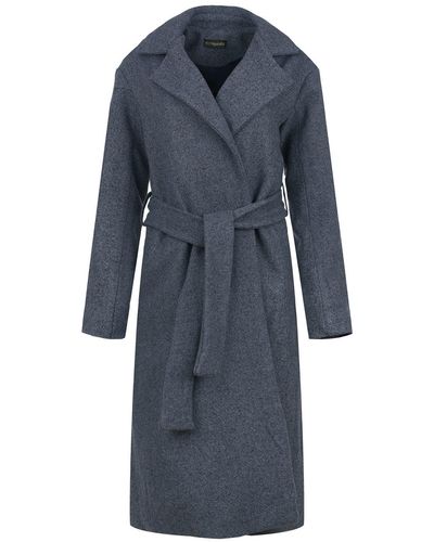 Conquista Charcoal Wool-cotton Blend Coat With Shawl Collar & Elegant Belt - Blue