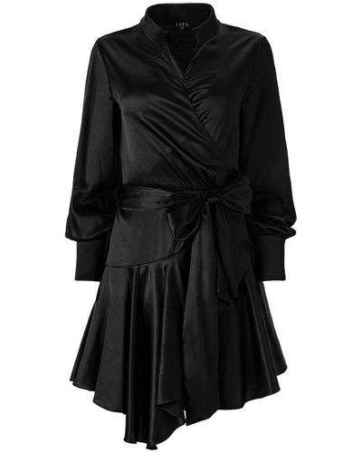 Lita Couture Ruffle Hem Silk Wrap Dress In - Black