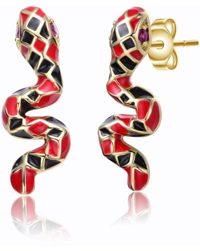 Genevive Jewelry Rachel Glauber Yellow Gold Plated With Ruby Cubic Zirconia Black & Red Enamel Three-d Slithering Curling Snake Earrings