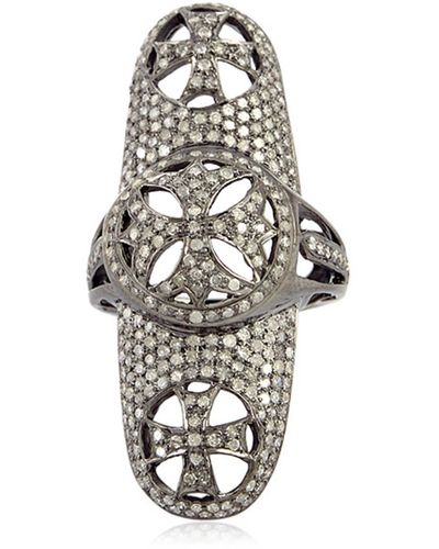 Artisan Natural Diamond Designer Long Ring 925 Sterling Silver Handmade Jewelry - Metallic
