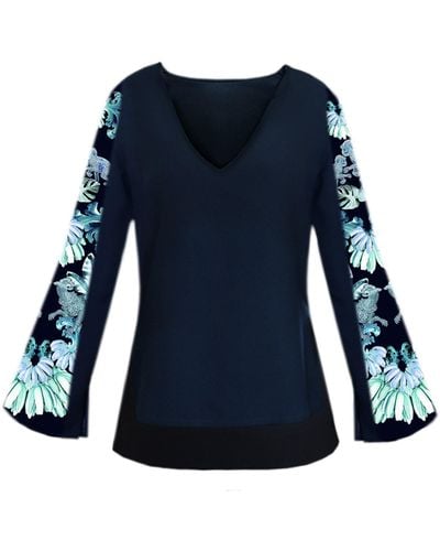 CASSANDRA HONE Navy Crepe Blouse With Silk Printed Sleeves - Blue